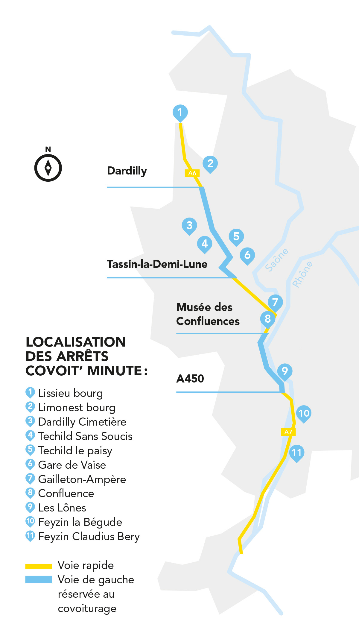 Carte des arrêts covoit' minute dans la Métropole de Lyon