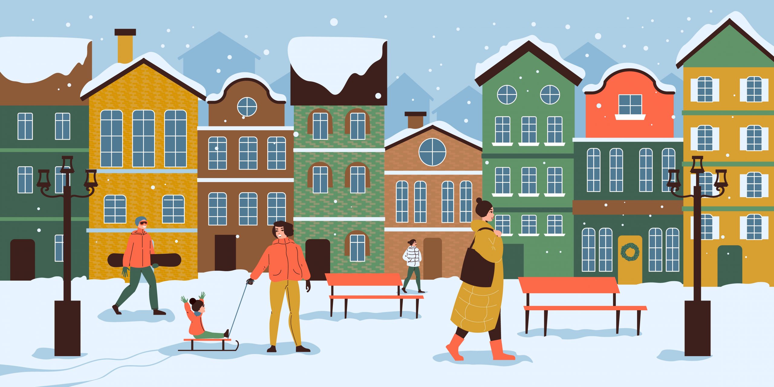 Ville d'hiver européenne fond plat avec des gens marchant et faisant de la luge près de jolies maisons vintage colorées.