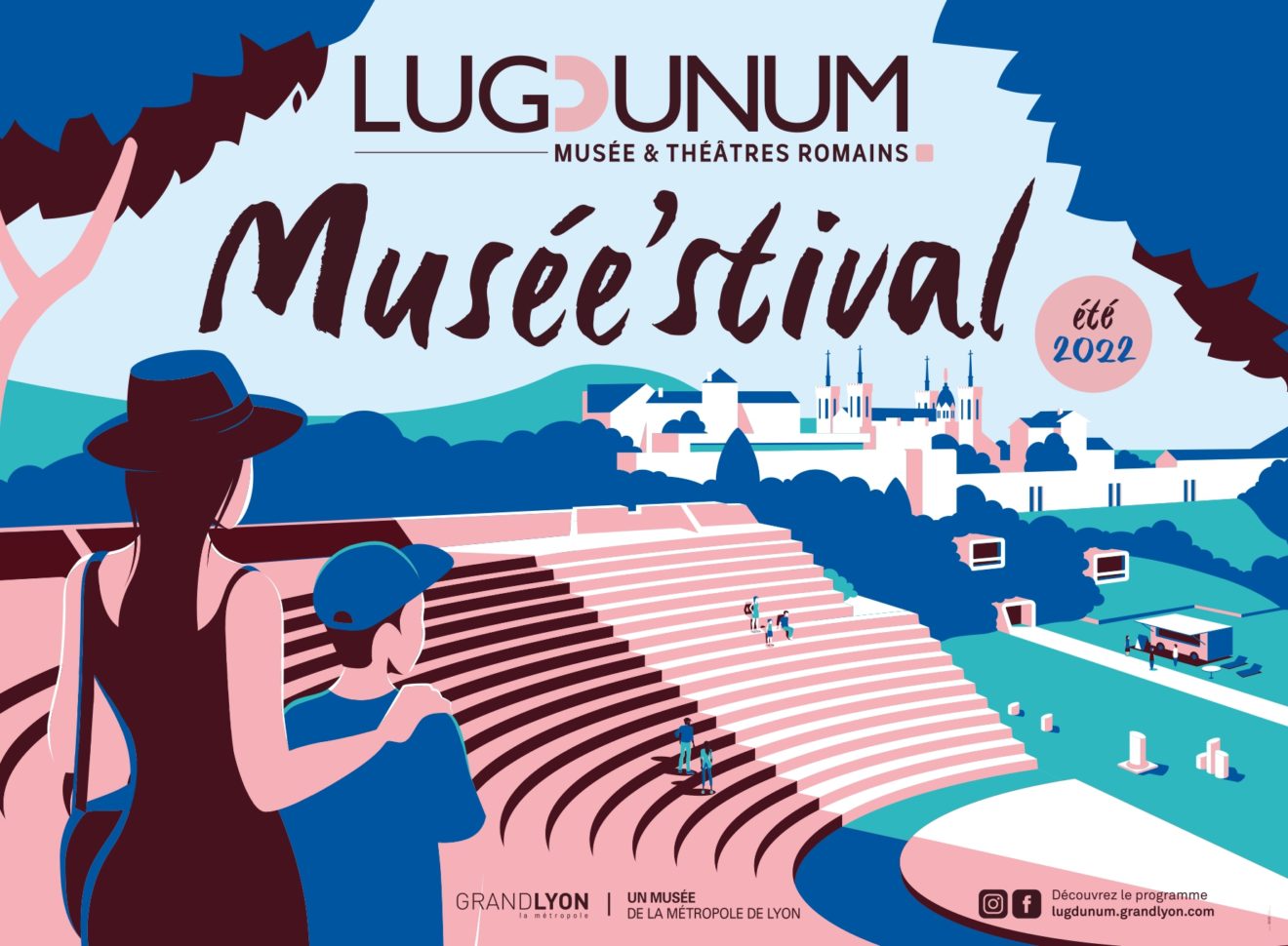 Illustration de l'affiche du musée'stival du Lugdunum 2022. Une femme avec un enfant admire le paysage et le grand théâtre